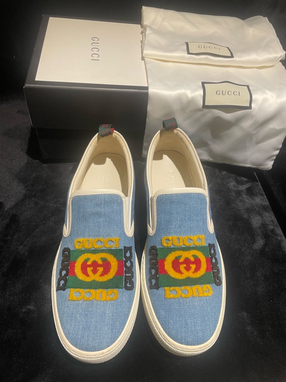 Gucci Blue Denim Slip-On Sneakers with Multicolor Embroidered Logo - Picture 2 of 10